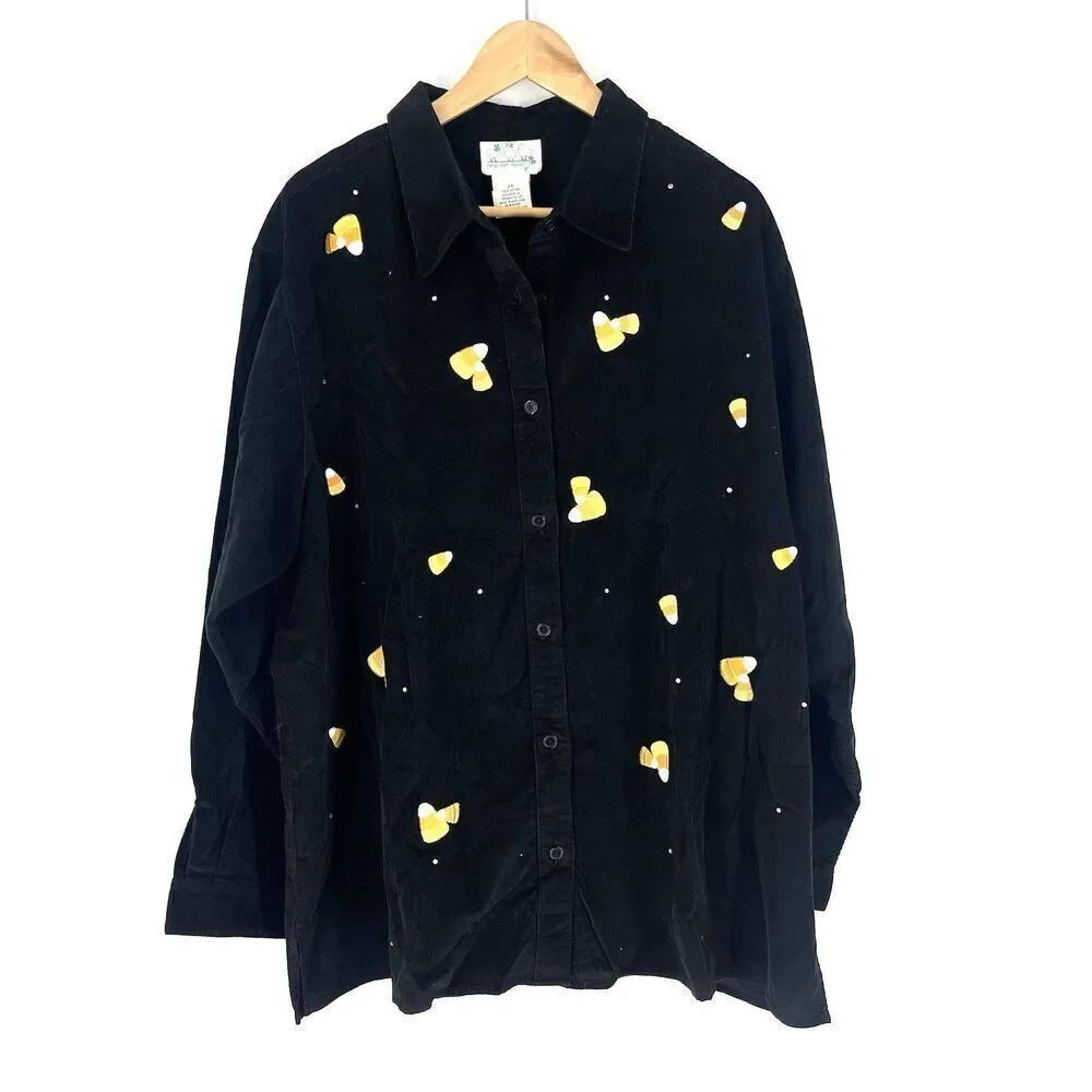 Quacker Factory Candy Corn Shirt Size 1X Black Corduroy Rhinestones Halloween